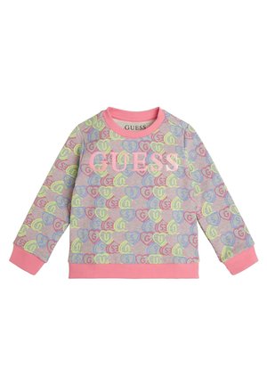 Sweat-shirt rose clair avec un motif répétitif de cœurs colorés et de logos. Poignets et encolure côtelés avec une texture douce.