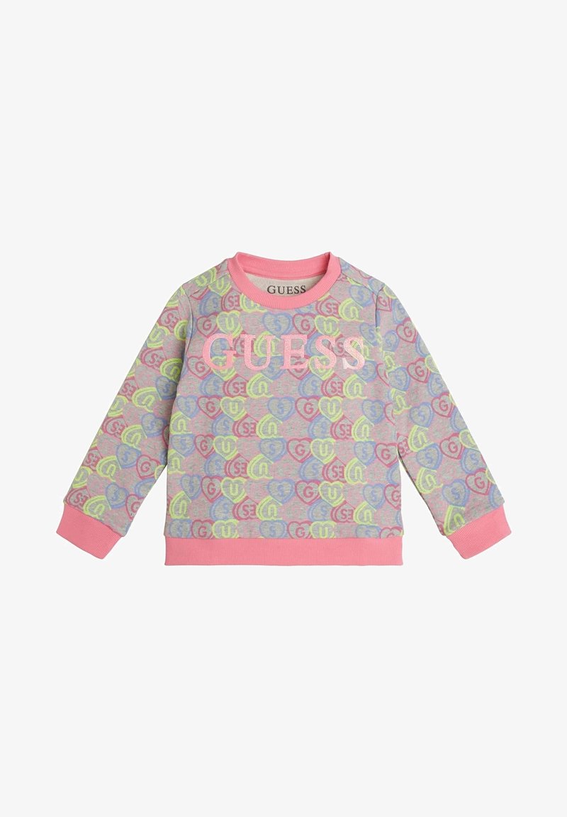 Ljusrosa sweatshirt med ett upprepande mönster av färgglada hjärtan och logotyper. Ribbad mudd och halsringning med en mjuk textur.