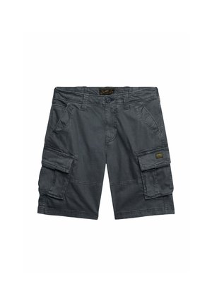 Short cargo gris foncé avec fermeture par bouton et zip, passants de ceinture, deux poches latérales et deux poches à rabat sur les cuisses.