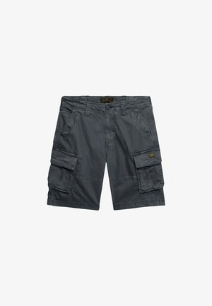Pantalones cortos cargo de color gris oscuro con cierre de botón y cremallera, trabillas para cinturón, dos bolsillos laterales y dos bolsillos con solapa en los muslos.