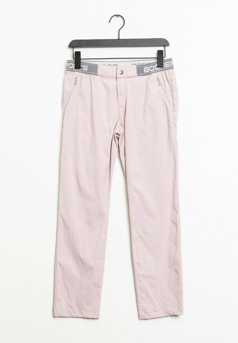 Pantalon rose clair avec une taille élastique présentant une accentuation gris foncé, deux poches latérales zippées et une coupe droite.