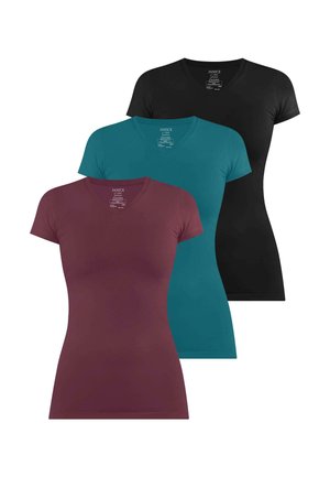 Drei einfarbige Damen-T-Shirts mit kurzen Ärmeln und V-Ausschnitt in Burgunderrot, Petrol und Schwarz, übereinander angeordnet.