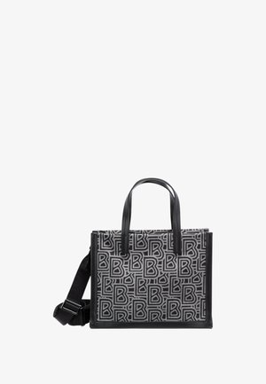 Sac à main à motifs noir et gris avec double poignée et bandoulière amovible. Fabriqué en toile et en cuir, avec des détails de logo.