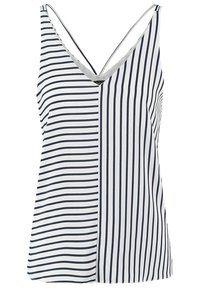 Navy ja valget triibuga sleeveless topp, millel on V-kaelus, asümmeetriline disain erineva laiusega triipudega ja õhukesed rihmad.