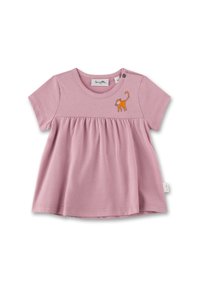 Rosa kurzärmliges Oberteil mit geraffter Taille, mit einem gestickten orangen Affenmotiv auf der linken Brust. Weiches Baumwollmaterial.