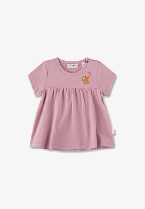 Rosa kurzärmliges Oberteil mit geraffter Taille, mit einem gestickten orangen Affenmotiv auf der linken Brust. Weiches Baumwollmaterial.