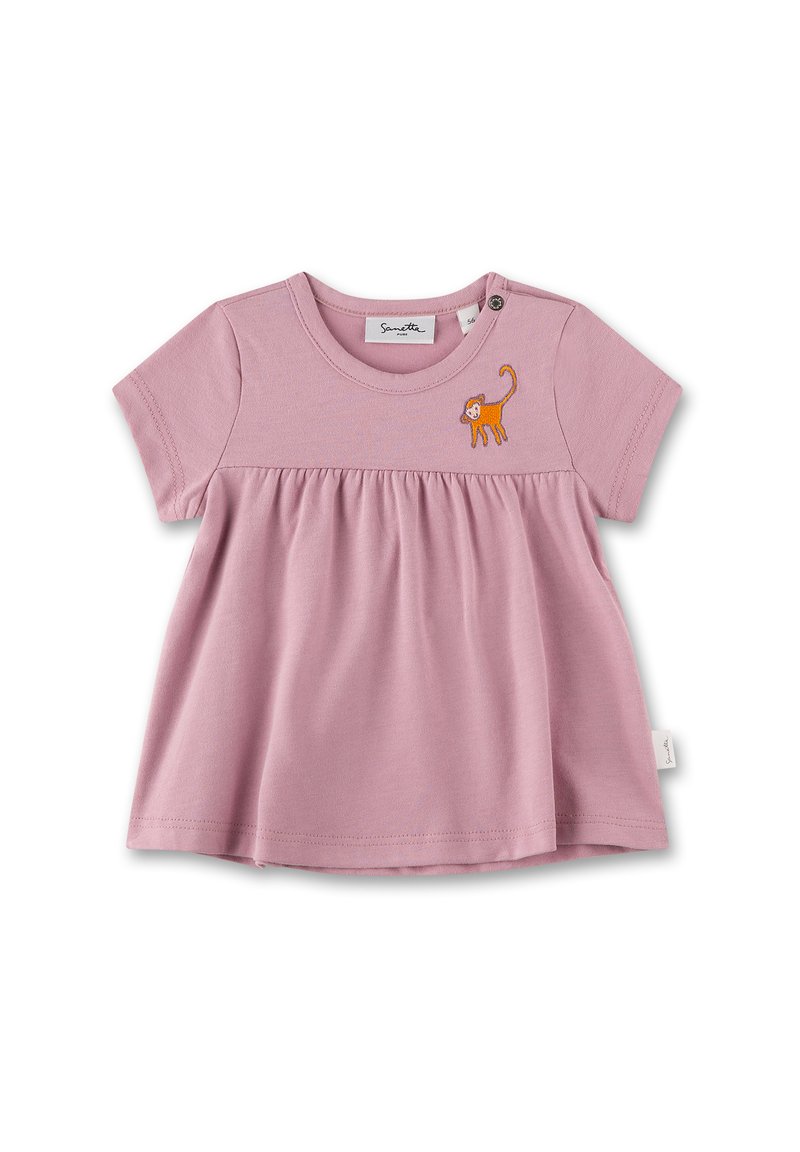 Rosa kurzärmliges Oberteil mit geraffter Taille, mit einem gestickten orangen Affenmotiv auf der linken Brust. Weiches Baumwollmaterial.