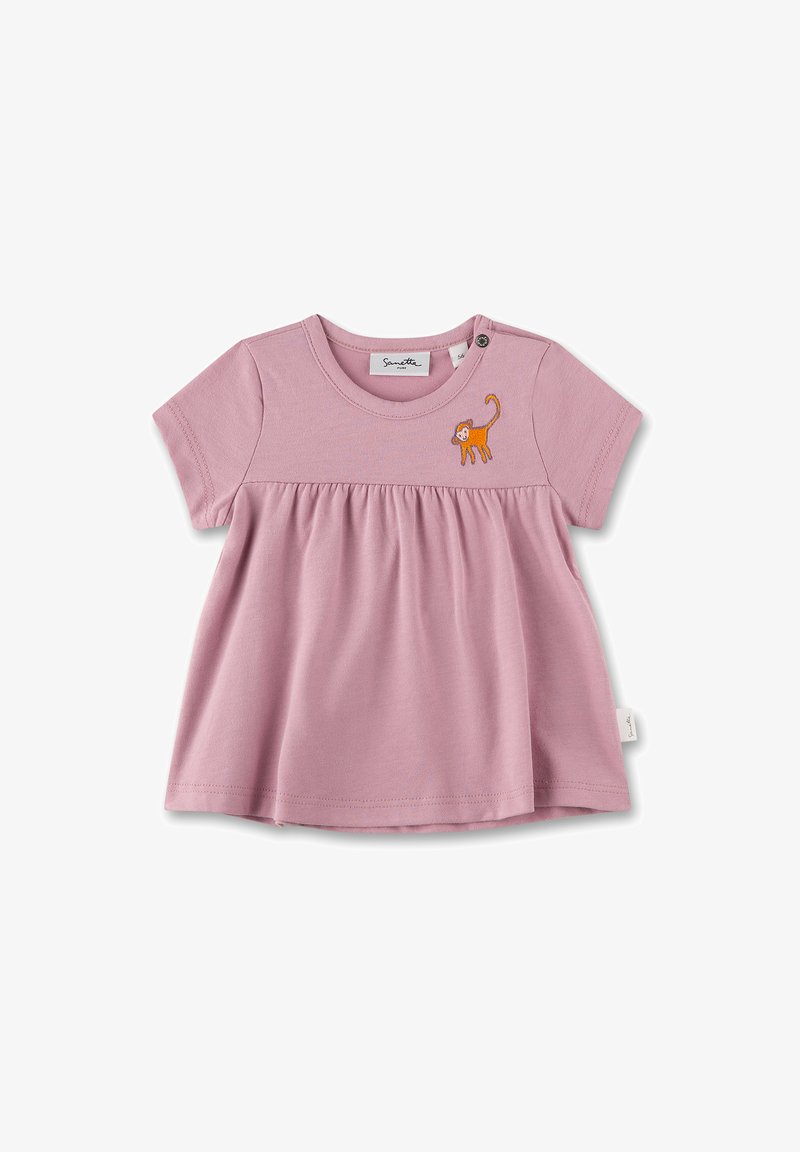 Rosa kurzärmliges Oberteil mit geraffter Taille, mit einem gestickten orangen Affenmotiv auf der linken Brust. Weiches Baumwollmaterial.