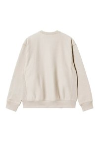 Sudadera de color beige claro, hecha de tela suave. Presenta un cuello redondo, puños acanalados y un ajuste relajado para mayor comodidad. Detalles de costura en la parte posterior.