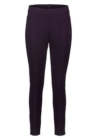 Dunkellilafarbene Stretchhosen mit glatter Textur, ausgestattet mit zwei vorderen Nähten und einem hohen Taillenbund für eine enganliegende Passform.