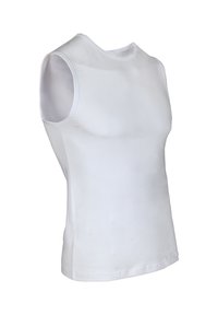 Witte mouwloze katoenen shirt met een ronde halslijn, een gladde textuur en een getailleerd ontwerp, met schone lijnen en geen zichtbare patronen.