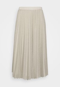 Falda plisada en beige claro con una textura brillante. Presenta una cinturilla elástica y un diseño de longitud a media pantorrilla.