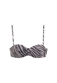 Bikini-Oberteil mit schwarzen und hellpinkfarbenen Zebramustern, gepolsterten Cups, gedrehtem Frontdetail und abnehmbaren dünnen Trägern. Glatte Stoffoberfläche.