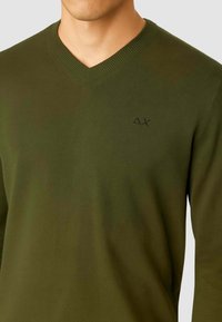 Maglione verde oliva a V in tessuto a maglia liscia con colletto a coste. Presenta un logo ricamato nero sul petto.