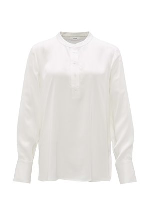 Chemise blanche à manches longues en tissu lisse, dotée d'un col mandarin, d'un rabat à boutons et de manches fuselées avec des poignets à bouton.