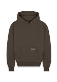 Hooded sweatshirt u tamnosmeđoj boji, izrađen od mješavine pamuka, sadrži prednju džep, rebraste manžete i rub, te malu oznaku na džepu.