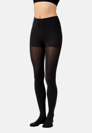 Schwarze opake Strumpfhosen mit matter Oberfläche, die ein hoch tailliertes Design und eine nahtlose Beinstruktur für Komfort und einen eleganten Look aufweisen.