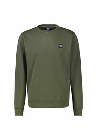 Groene sweatshirt van zacht materiaal, met een ronde hals, geribde manchetten en onderkant, en een klein logo-op het linkerborst.