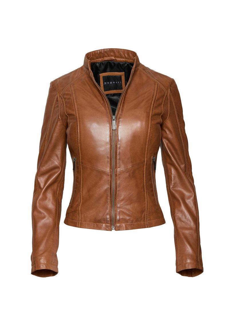 Veste pour femme en cuir marron avec fermeture éclair à l'avant, col montant, et poches latérales zippées, présentée sur un fond blanc.