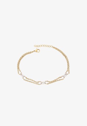 Gouden kettingarmband met drie rechthoekige heldere edelstenen, voorzien van in elkaar gewonden strengen en een karabijnsluiting.