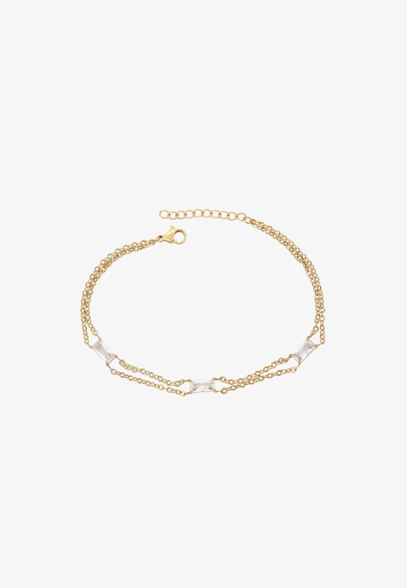 Kullanışlı bir kapanışa sahip, üç dikdörtgen şeffaf taşla süslenmiş altın zincir bilezik. Bileziğin yapısı, birbirine dolanmış iplerle tasarlanmıştır.