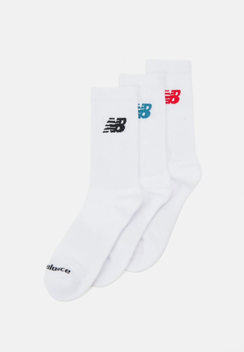 Three pairs of white socks featuring different logo colors: black, teal, and red. Soft cotton material with a smooth texture.