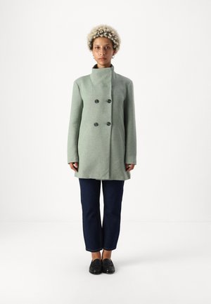 Double-breasted green coat in textured fabric, featuring a high collar, two buttons, and side pockets, paired with dark jeans and shoes.
