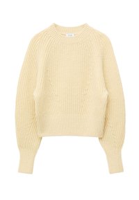 Pull tricoté de couleur crème avec manches longues et poignets et bas côtelés, avec un motif tricoté texturé et un col rond.