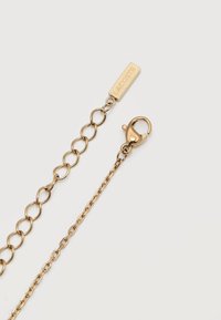 Collier chaîne en métal doré avec un fermoir mousqueton et une chaîne d'extension ornée d'une plaque rectangulaire gravée de "LACOSTE".