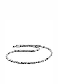 Austīta sudraba ķēdīte ar melniem akcentiem un spīdīgu metāla aizdari. Dizainā ietvertas smalkas rakstu detaļas visā ķēdes garumā.