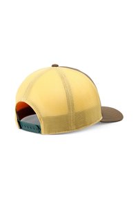 Yellow mesh cap with a brown bill, featuring a snapback closure and textured stitching on the brim. Rear section is fully mesh.