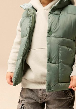 Zielona kamizelka z podszewką i zatrzaskami, nałożona na jasnoszary hoodie. Szare dżinsy ze stylowymi kieszeniami cargo. Ogólnie gładka tekstura.