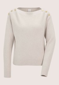 Cremefarbenes geripptes Strickpullover mit langen Ärmeln und goldenen Knöpfen an beiden Schulternähten, Bootsausschnitt.