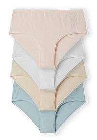 Quatre paires de culottes en coton dans des couleurs pastel douces : pêche, blanc, beige et bleu clair. Chacune a une texture lisse et de délicates broderies.