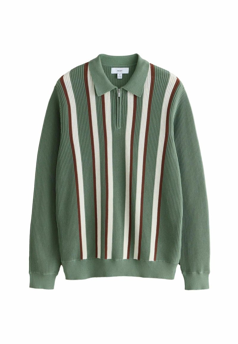 Groene geribde pullover met een kwartritssluiting, voorzien van verticale strepen in wit en kastanjebruin. Zachte textuur en een kraag.