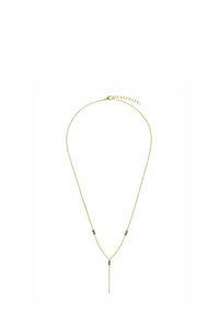 Collana color oro con una sottile catena, tre piccole perline verdi e un design a lariat con un accento di catena pendente.