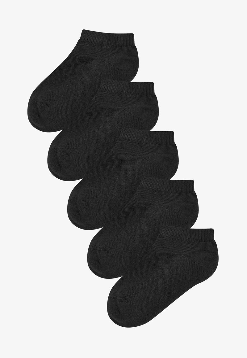Black ankle socks made of soft, stretchy fabric. Set of five with a smooth texture and reinforced toe area for durability.