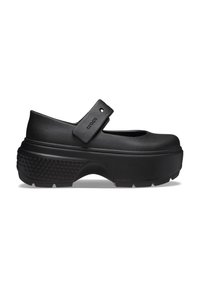 Schwarzer Mary Jane-Style Schuh mit abgerundeter Zehe, verstellbarem Riemen, strukturiertem Plateausohlen und glatter, matter Oberfläche.