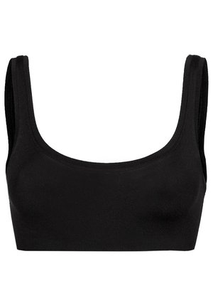 Black crop bra made of smooth, stretchy material; features wide straps and a scoop neckline; simple design without embellishments.