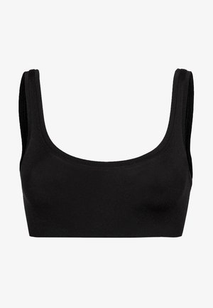 Schwarzer Crop-Bra aus glattem, dehnbarem Material; mit breiten Trägern und einem runden Ausschnitt; schlichtes Design ohne Verzierungen.