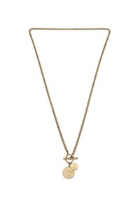 Collar de cadena en tono dorado que presenta un cierre de palanca y dos colgantes circulares texturizados, uno más grande y otro más pequeño.