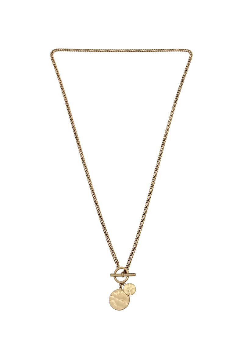 Collar de cadena en tono dorado que presenta un cierre de palanca y dos colgantes circulares texturizados, uno más grande y otro más pequeño.