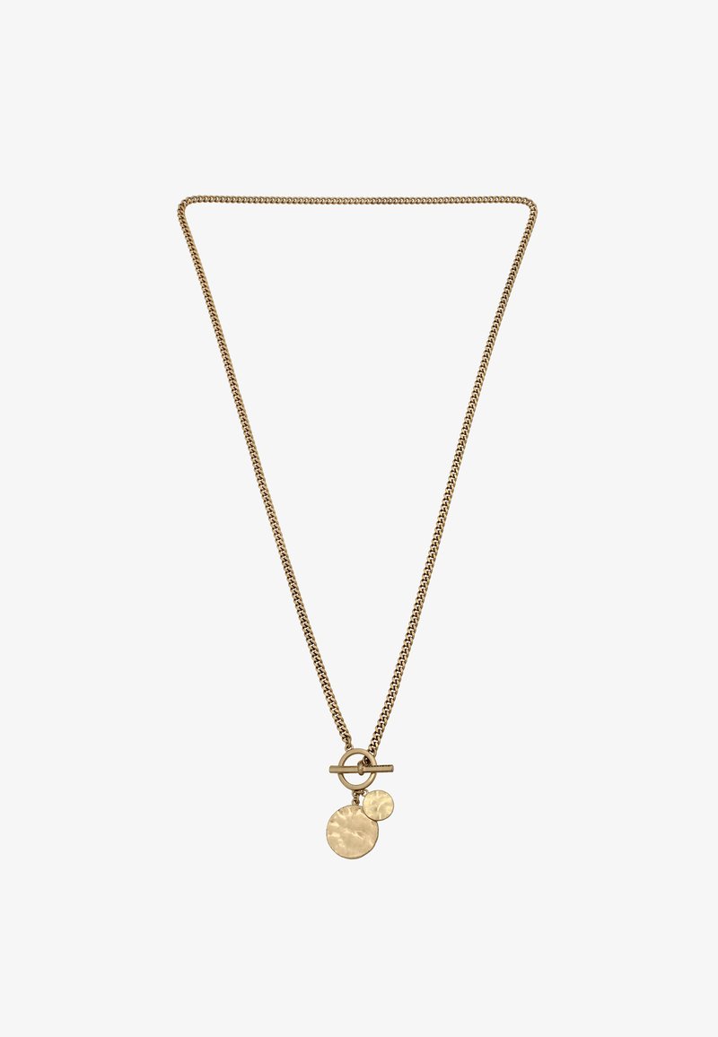 Halskette aus goldfarbenem Metall mit einem Toggle-Verschluss und zwei strukturierten runden Anhängern, einem größeren und einem kleineren.