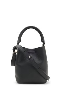 Mustast nahast korvikesekujuline kott tekstuurse pinnaga, ümar käepide ja eemaldatav õlarihm. Peal on peenike avaus.