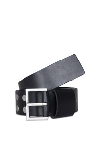 Cintura in pelle nera con una texture liscia, dotata di una fibbia quadrata in metallo argentato e borchie metalliche circolari lungo la cinghia.