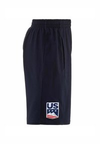 Pantaloni corti blu navy realizzati in tessuto morbido, con cintura elastica e un logo ricamato con montagne e stelle sulla gamba sinistra.