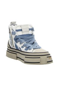 Blue and white high-top sneaker with distressed fabric, thick platform sole, textured accents, and a side zipper for added detail.