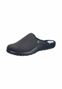 Black slip-on shoe with textured mesh upper, patterned design, and cushioned sole. Features a rounded toe and elastic side accents.