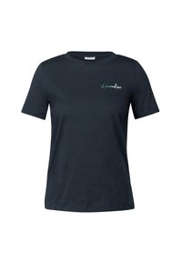T-shirt à manches courtes bleu marine en tissu doux avec un texte graphique vert et blanc "il paradiso" sur le côté gauche de la poitrine.