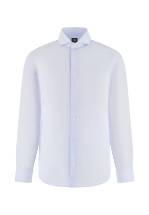 Hellblaues Herrenhemd mit langen Ärmeln, feinen vertikalen Streifen, Knopfleiste vorne und klassischem Kragen auf weißem Hintergrund.